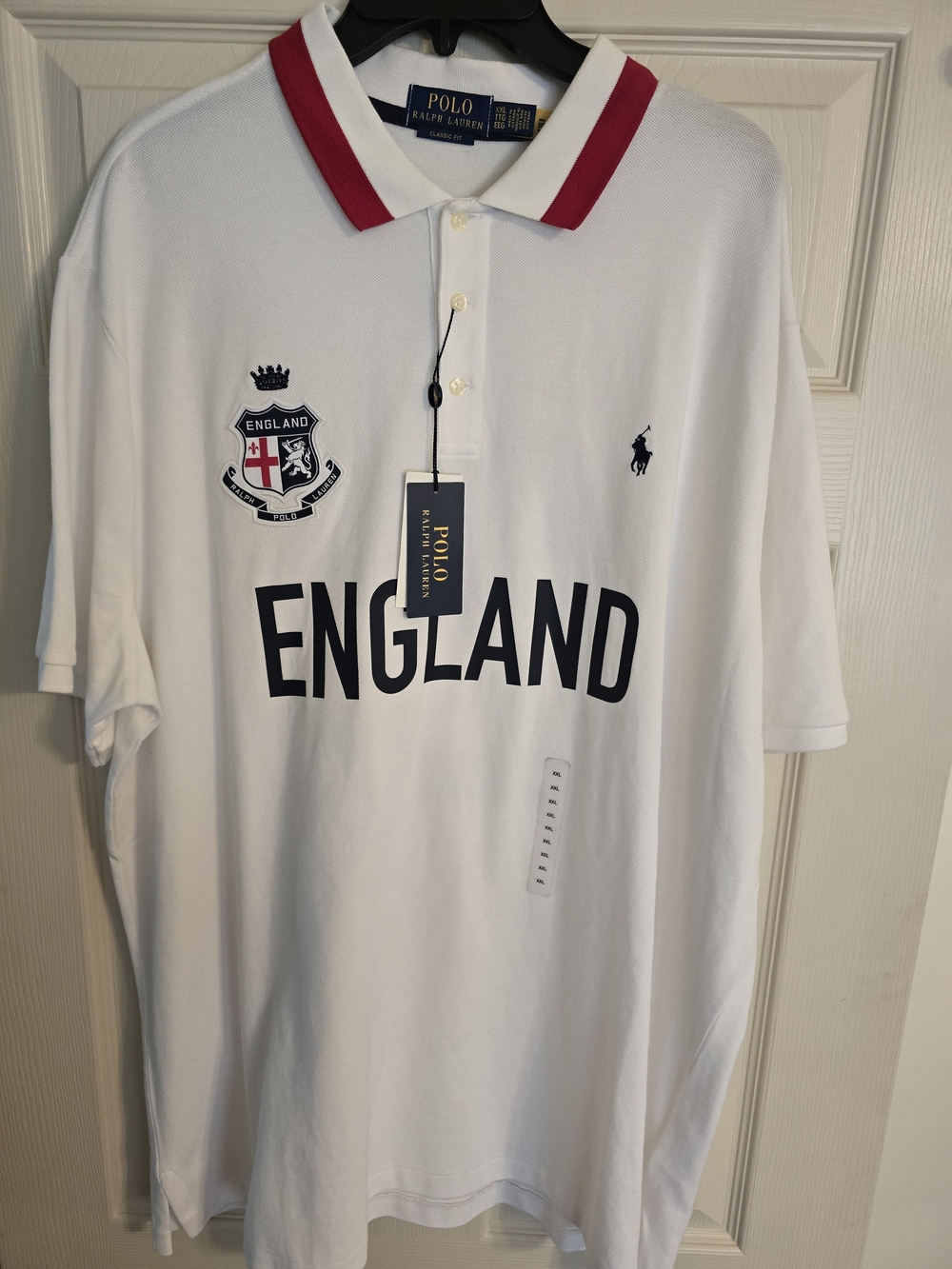 Polo by Ralph Lauren White England Crest Polo Shirt with Red-Trim Collar